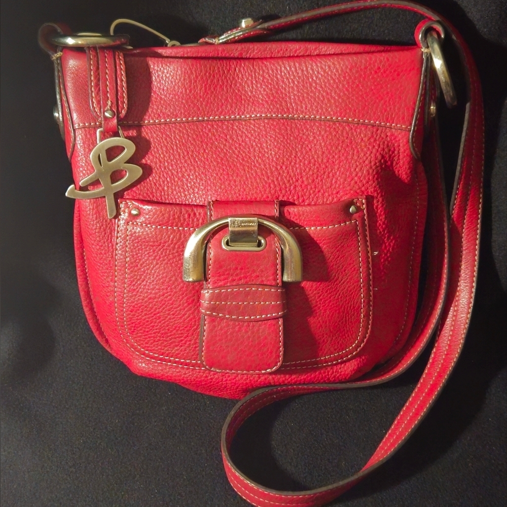 B. Makowsky Red Pebble Leather Shoulder/Crossbody Bag w/Silver Hardware